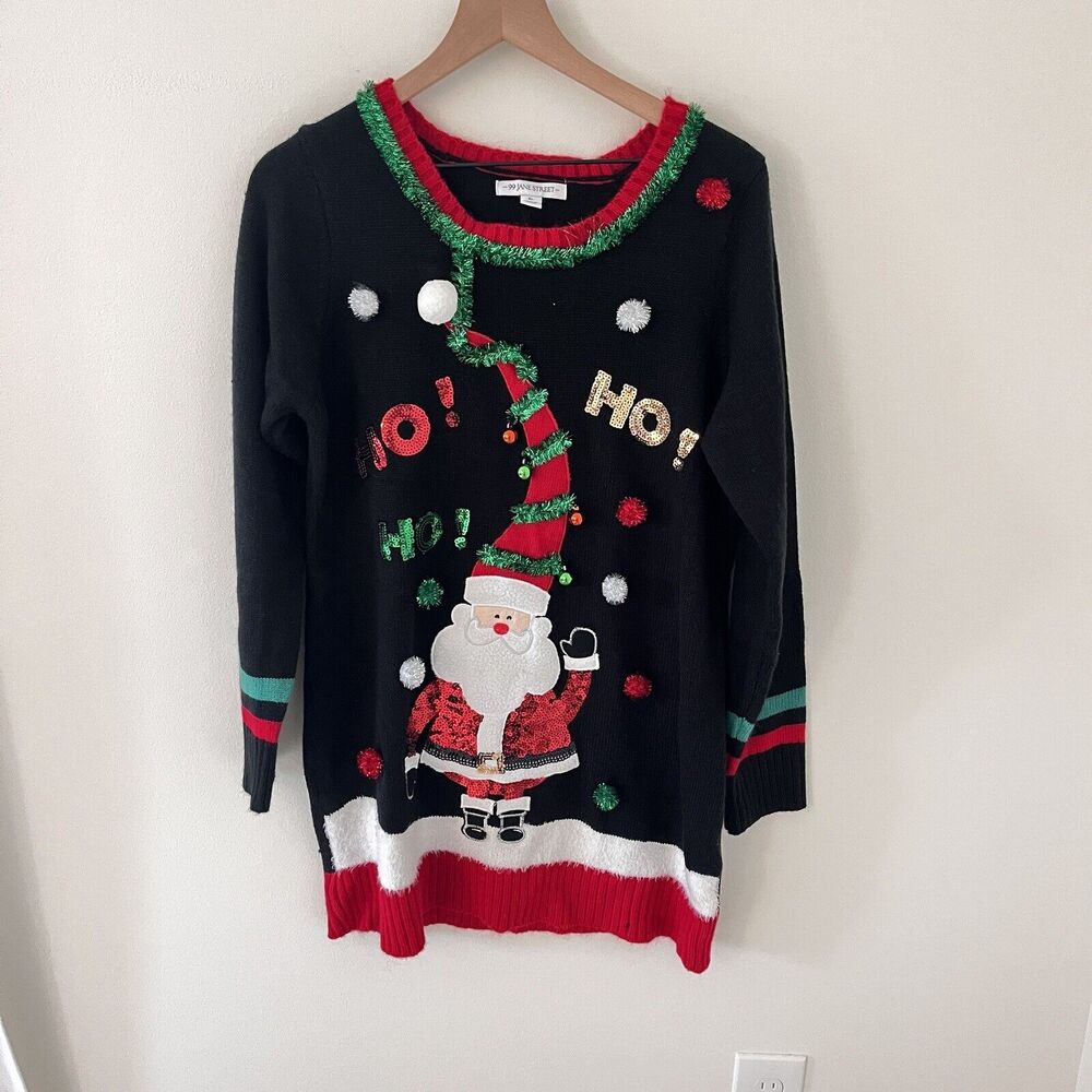 Women's Ugly Christmas Sweater Size XL Santa HO HO HO Embellished Knit Tunic